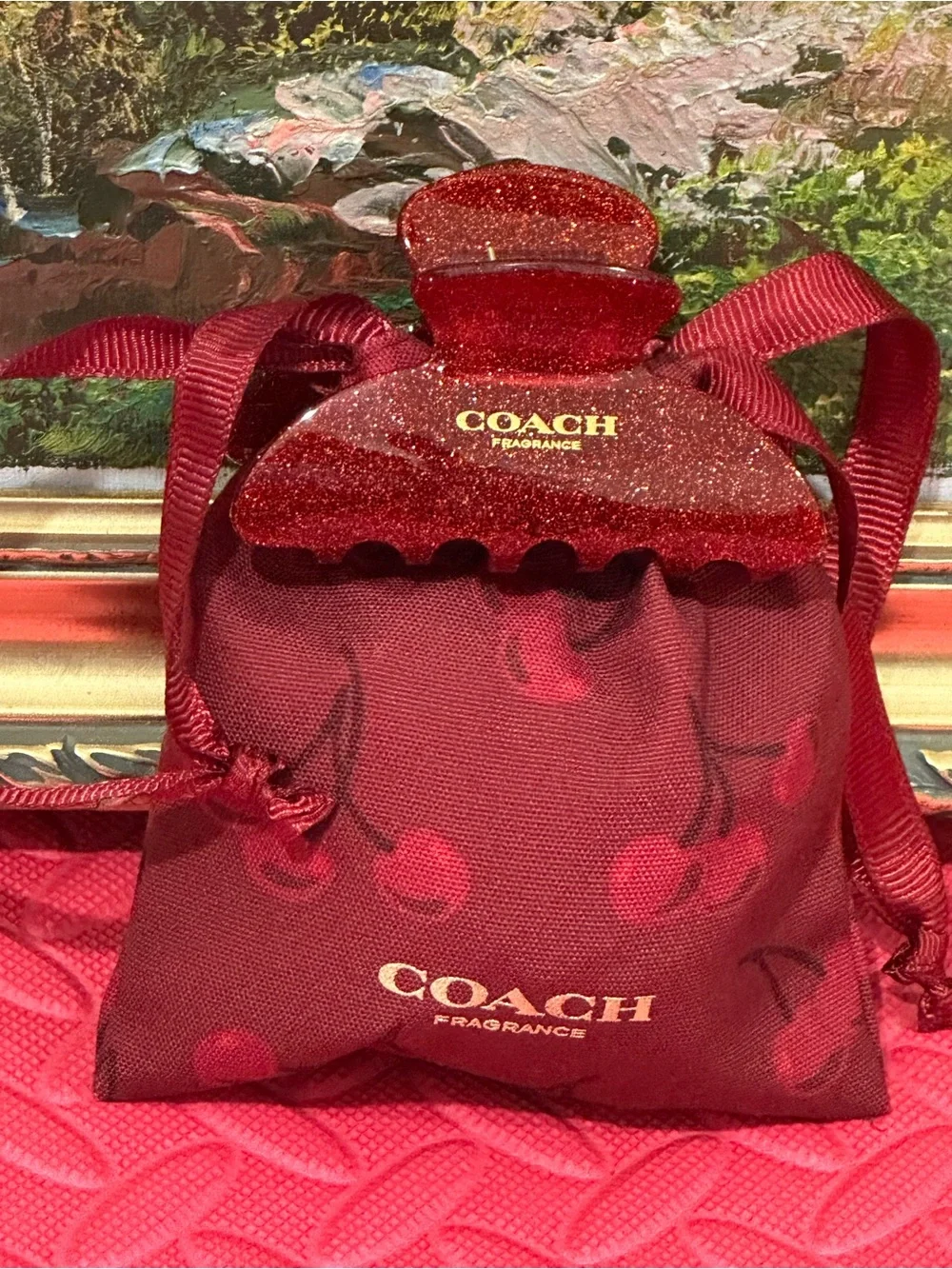COACH Red Glitter Hair Claw Clip with Gold Logo